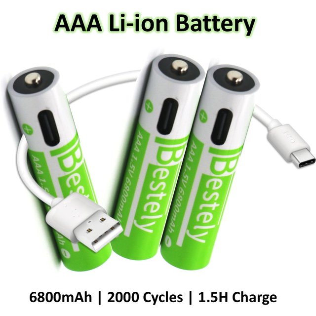 2000+ Cycles Rechargeable AAA Battery, 6800mAh USB-C Charge Batteries with Free Cable, for Camera, Electric Toothbrush, Shavers