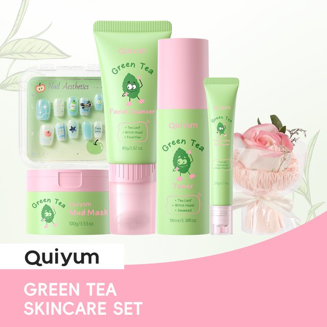 QUIYUM Green Tea Oil Control Skincare Gift Set, Cleanser Toner Mud Mask Eye Cream With Soap Flower False Nails Facial Spa Kit