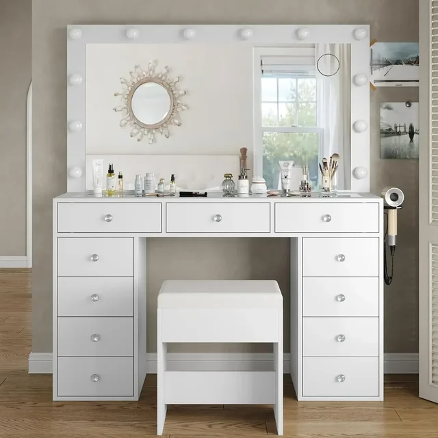 %a Vanity Desk & Power Outl, Makeup Vanity with Mirror and 12 LED Lights, Makeup Table with 11 Drawers, Vanity Table with Chai
