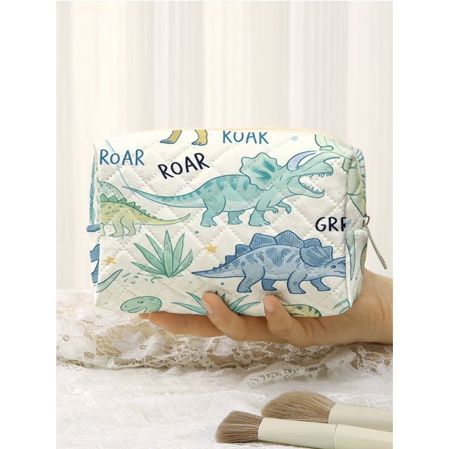 Cartoon Dinosaur Print Quilted Cosmetic Bag Portable Zipper Makeup Pouch Travel Wash Storage Bag For Kids Outdoor Daily Use