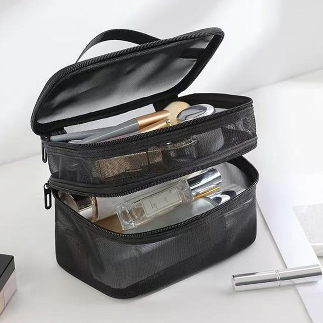 Double-Layer Mesh Cosmetic Bag Travel Makeup Organizer Dual Opening Clear Makeup Pouch Portable Waterproof Toiletry Bag Womens
