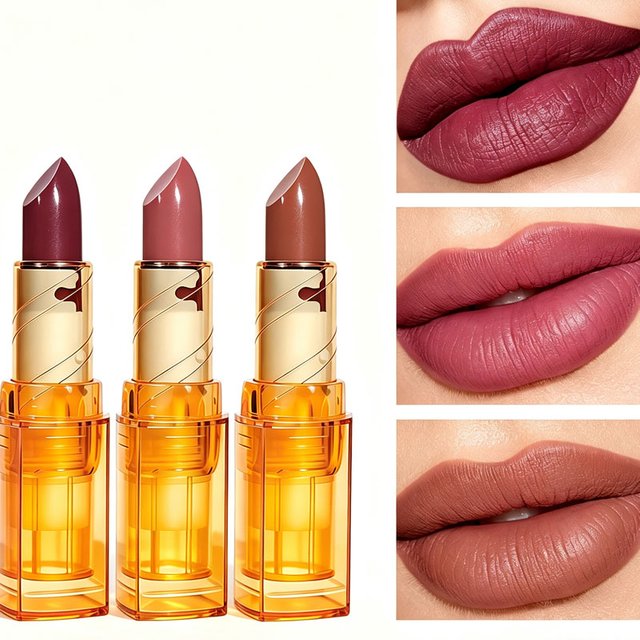 JUJU DREAM Luxury Amber Gold Tube Glossy Lipstick Hydrating Silky Long Lasting Nude Mauve Lip Balm Daily Makeup for women