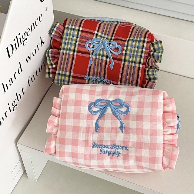 Kawaii Cosmetic Bag Plaid Bow Makeup Bag Cute Small Bag Girl's Sweet Style Ruffled Makeup Trousse Maquillage Bag Organizer Pouch