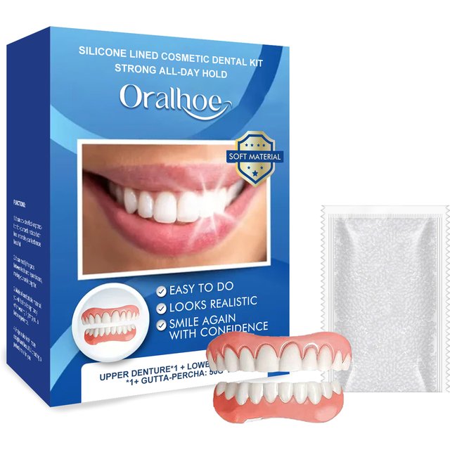 Silicone Lined Cosmetic Dental Kit Upper & Lower Fake Teeth Instant Confident Fake Tooth Oral Hygiene Care All-Day Hold