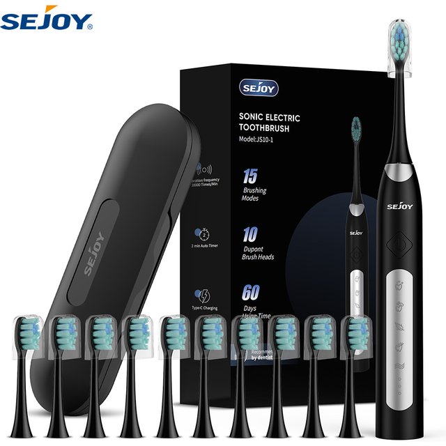 Sejoy JS10-1 Electric Sonic Toothbrush with 10 pcs Replacement Heads Rechargeable Waterproof Electronic Tooth Brushes