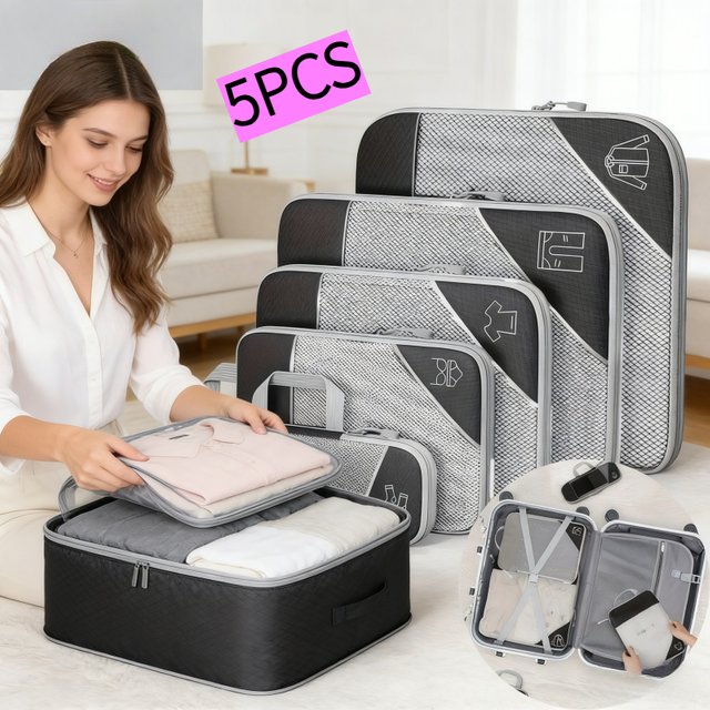 5-Pack Black Travel Storage Bags – Diamond Mesh Organizer with Compression, Visible Labels, for Underwear, Cosmetics & Toiletries – Space-Saving for Business Travel, Vacation, Dorm & Home