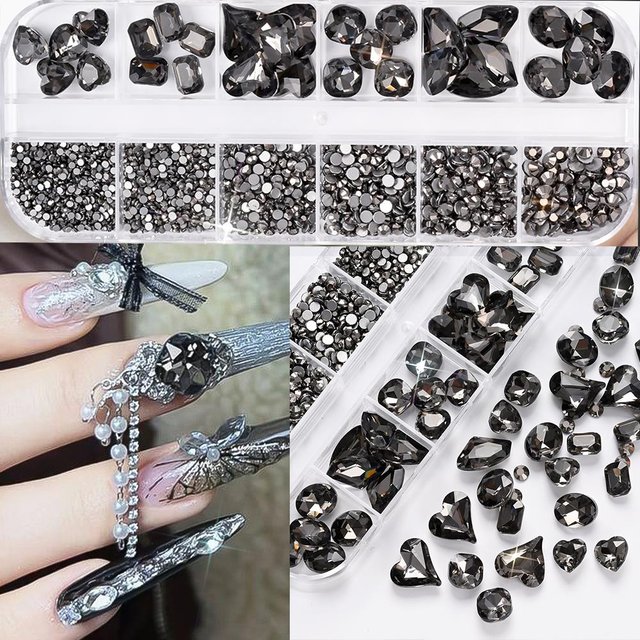 12Grids 3D Black Glass Nail Art Rhinestones Mixed Heart Round Sqaure Stones Nails Decoracions DIY Crafts Makeup Nails Accessorie