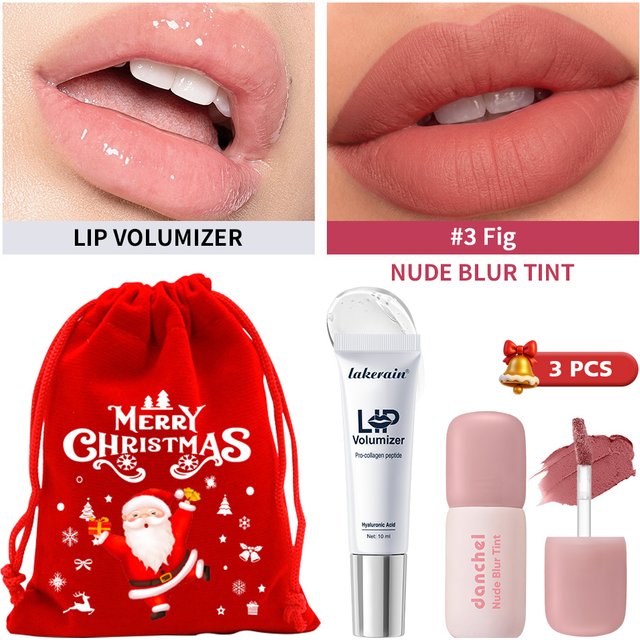 3 Pcs Christmas Lip Set Lip Volumizer Serum & Nude Blur Lip Tint Moisturizing Plumping Long Lasting Matte Lip Makeup Holiday Kit