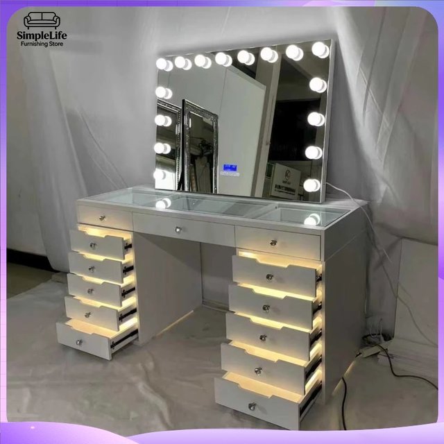 New Luxury Colorful White Dressing Table with LED Makeup Mirror Vanity and 13 Drawers Modern Bedroom Set for Wholesale