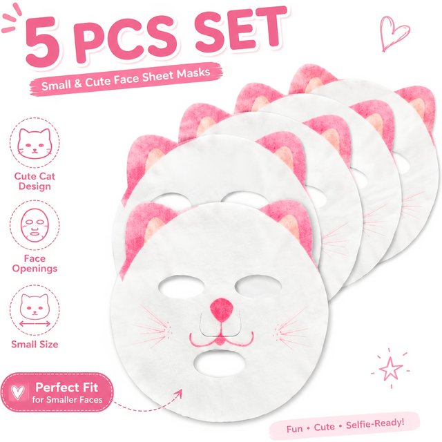 5pcs Cute Cat Face Sheet Masks, Small Size Facial Mask Paper With Eye & Mouth Cutouts