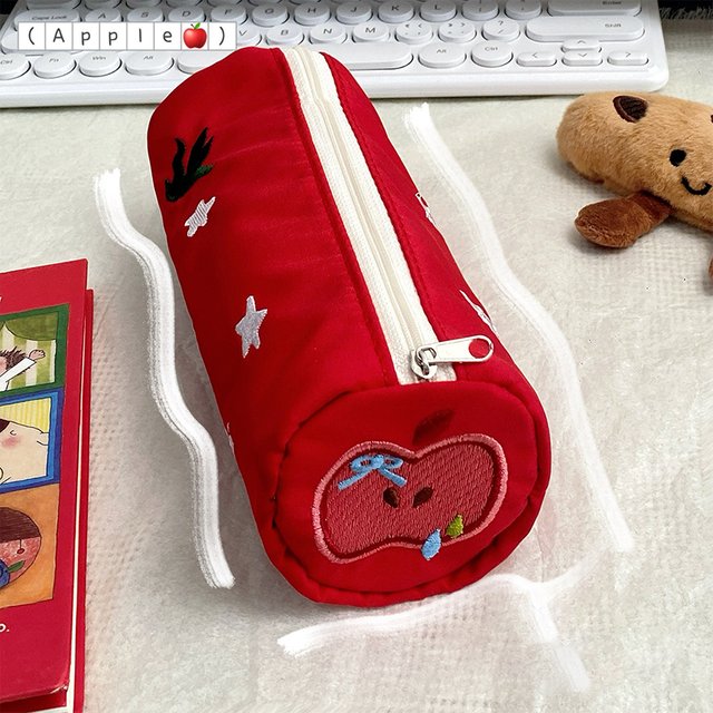 Cute Red Apple Embroidered Star Pencil Case Cartoon Portable Cosmetic Bag Storage Bag Stationery Pouch Student Gifts