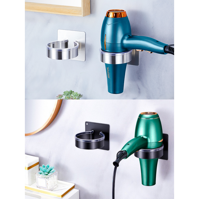 Black/Silver Aluminum Wall Mounted Self-Adhesive Hair Dryer Rack Bathroom Hair Straightener Storage Holder Hair Tool Organizer