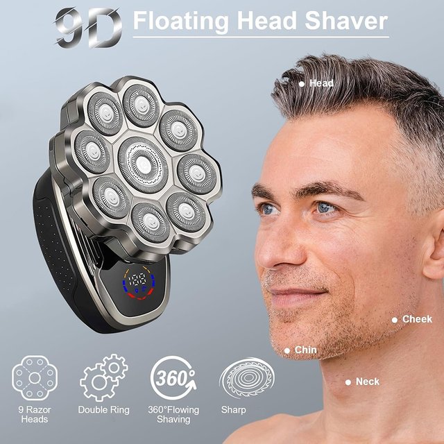 9D Bald Head Shaver 5in1 Men Grooming Kit USB Rechargeable LED Display Hair Clipper Nose Ear Trimmer Cleaning Brush Home Travel
