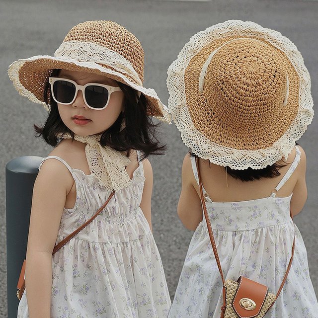Girl Summer Lace Straw Hat Grass Woven Children Large Brim Sun Hats For Beach Sunscreen Basin Cap Princess Kids Fisherman Caps