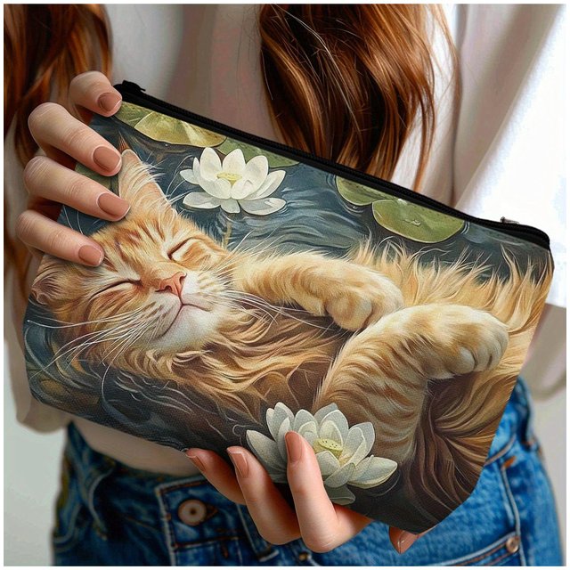 Cat Themed Cosmetic Bag with Zipper Closure, Makeup Pouch for Travel & Cat Lovers