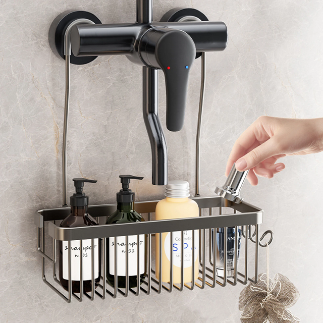 No Drill Over Shower Head Caddy and Wall Mount Basket for Shampoo, Body Wash – Shower Room Storage Hanger, Space Saving
