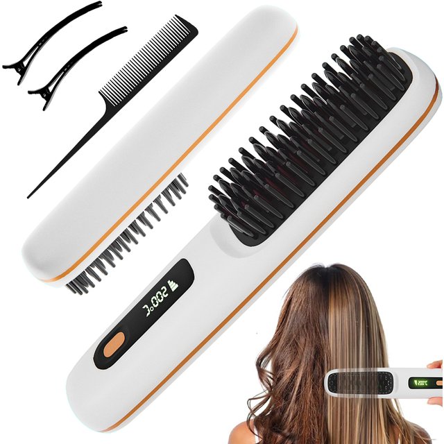 Hair Straightener Brush with 3 Temp Settings, Fast Heating & Auto-off, Portable Rechargeable Ionic Straightening Comb for women