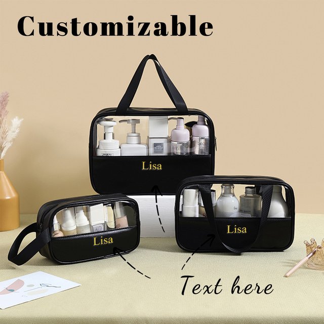 Customizable Name New TPU Transparent Makeup Wash Bag Women's Large Capacity Waterproof Handheld PU Storage Bag PVC Makeup Bag