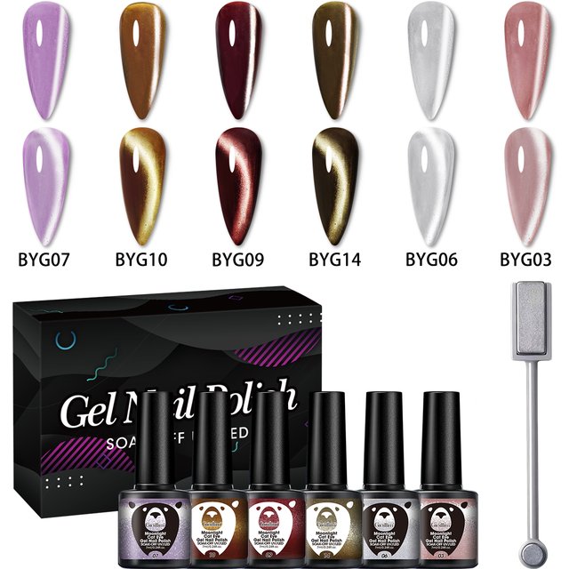 Groillim Cat Eye Gel Nail Polish Set - 6 Colors, Including Moon White Cat Eye and Ice Crystal Satin Cat Eye with High-Gloss Clea