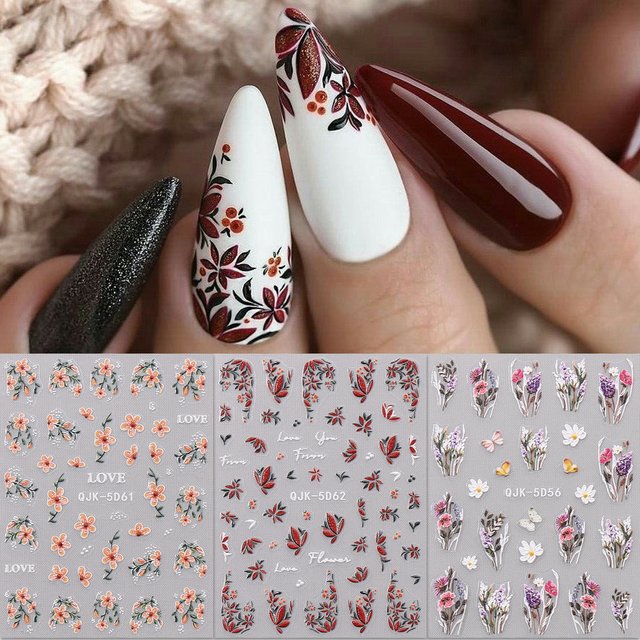 3pcs spring and summer floral nail art embossed stickers, easy to apply for nail decoration, DIY, gifts, party makeup styling