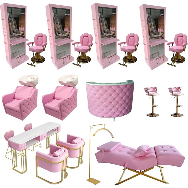 2025 Latest European Style White Mirror Station Pink Styling Chair Shampoo Chair Set 5 Years Warranty
