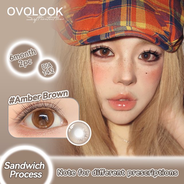 OVOLOOK-2PCS Amber Brown Contact Lenses Half Year Wear 14.2mm Comfort Sandwich Lens Daily Natural Eye Makeup Contacts