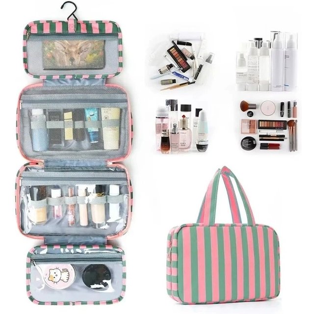 Portable Hanging Travel Toiletry Bag Striped with Hook Cosmetic Organizer 4-Fold Large Capacity Cosmetic Bag Outdoor