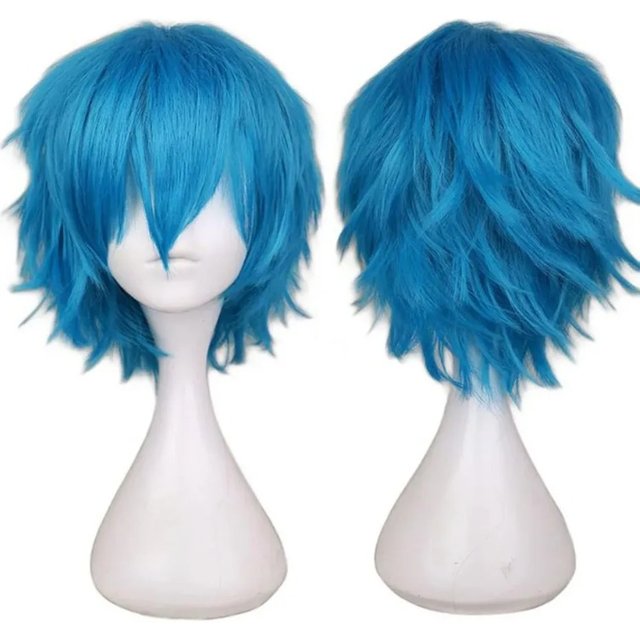 Halloween Party Anime Sally Face mask inspired Wig Blue Short Synthetic Cosplay Wigs Heat Resistance Party Wigs