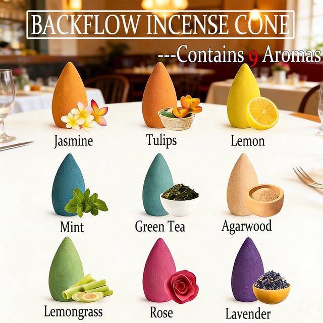 Cônes d'encens à refoulement naturels de haute qualité, un assortiment de 9 parfums, dont jasmin, citron, lavande, citronnelle, tulipe, menthe, thé vert, bois d'agar, rose, etc. , avec un arôme riche,
