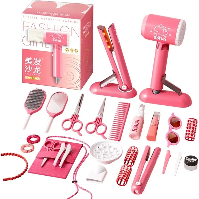 Girls Hair Beauty Makeup Kit Kids Barber Role Play Set Simulation Hair Dryer Comb Mirror Tool Pretend House Play Children's Toys