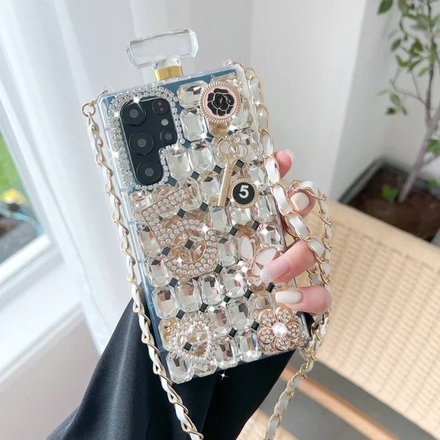 Coque de téléphone en forme de bouteille de parfum en strass, couverture de fleurs en cristal, pour Samsung S23, S22, S20 Ultra, S24, S20, Note20