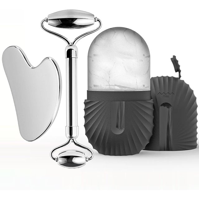 Ice Face Roller Facial Skincare Ice Roller Set, Stainless Steel Facial Roller Gua Sha Face Tool Face Massage Roller Mold Cube