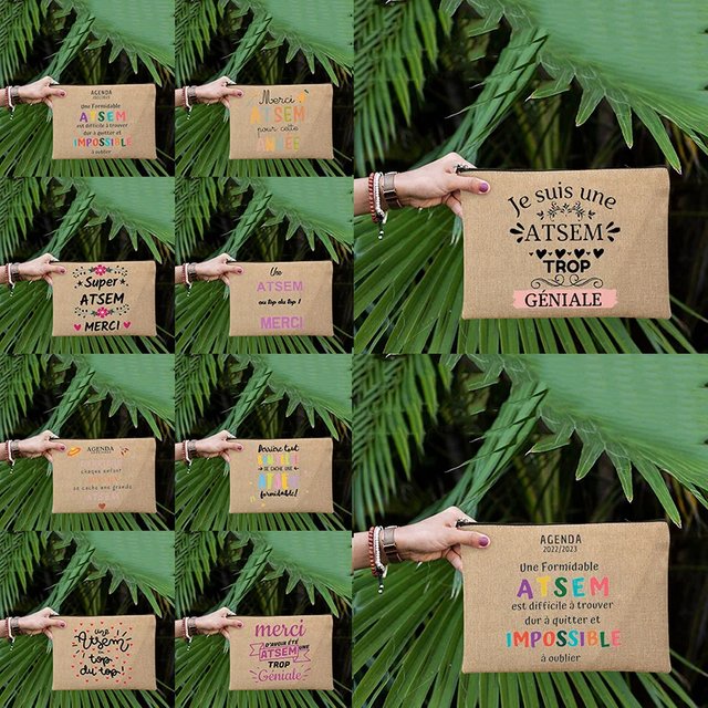 Merci Atsem Printed Large Linen Cosmetic Travel Wash Pouch Pencil Case School Stationery Supplies Storage Bags Gifts for Atsem
