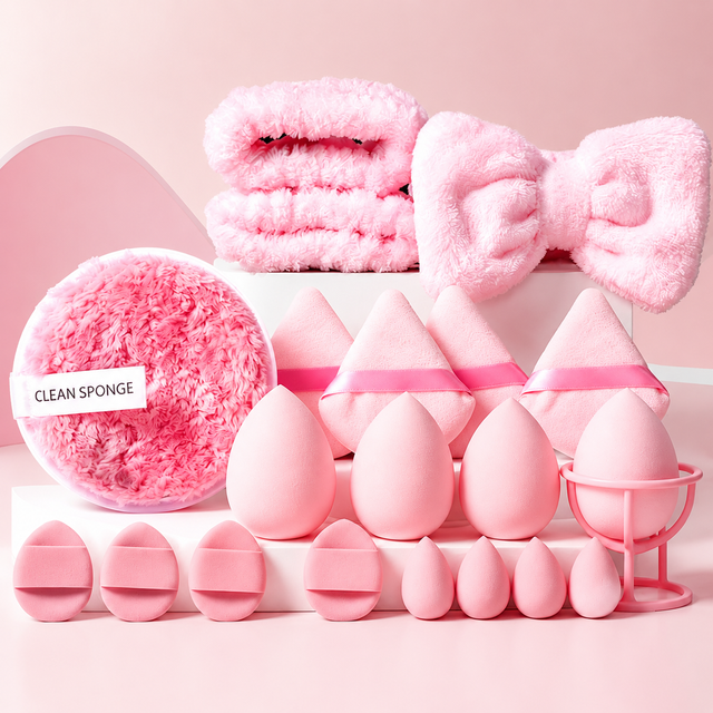 20Pcs Makeup Sponge Set Makeup Blender Triangle Powder Puff Mini Concealer Sponge Face Clean Wash Puff Headband Kit