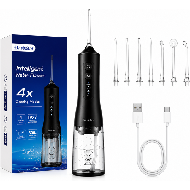 Dr Yadent Water Flosser Oral Irrigator for Adults IPX7 300mL Portable Dental Cleaner with 4 Modes 7 Nozzles Type-C Oral Care