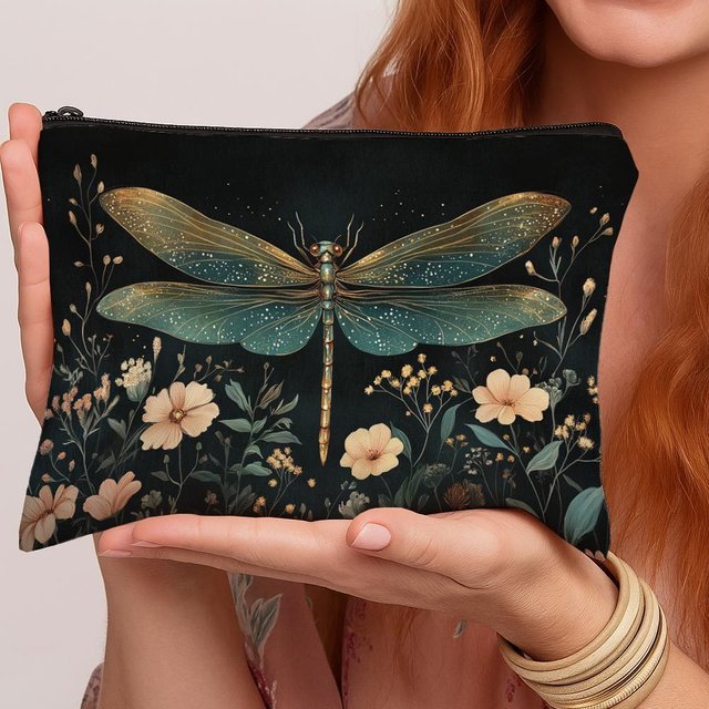 1pc Vintage Dragonfly Floral Makeup Bag,Cosmetic Pouch,Perfect for Daily,Travel,Makeup Storage,An Elegant Gift for Nature Lovers