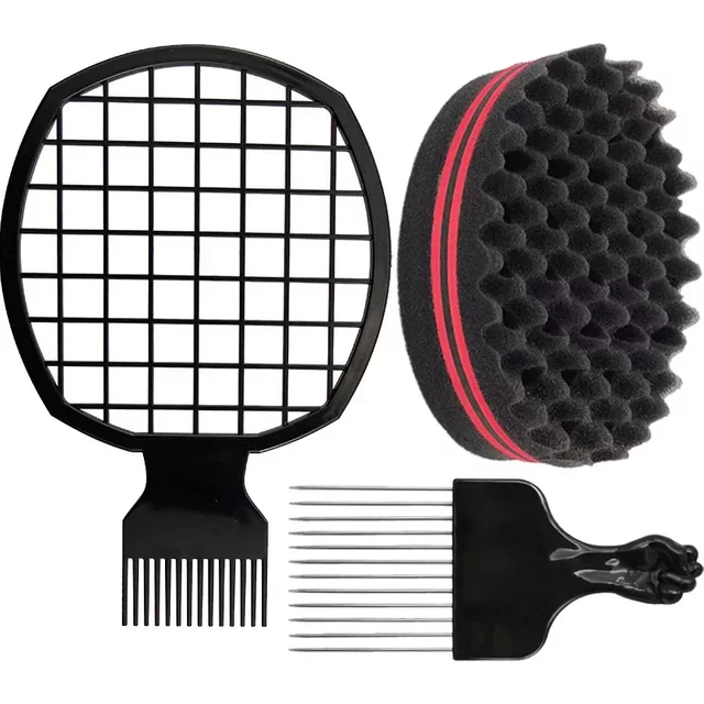 Hair Brush Sponge for Twists Big Holes Metal Pick Comb Double-sided Breathable Perm Styling Brush Special for Real Hair Wigs