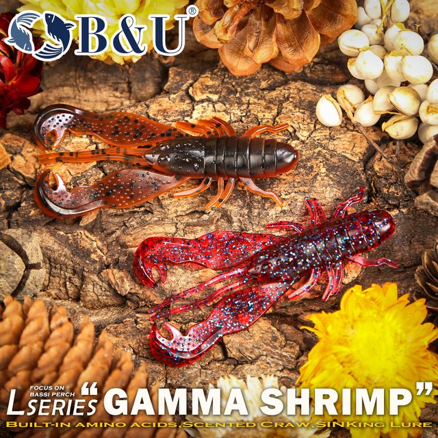 Leurres souples B&U Craw Shrimp, appâts en plastique souple parfumés aux acides aminés, imitation réaliste, pour la pêche en eau douce (bar, perche, brochet)