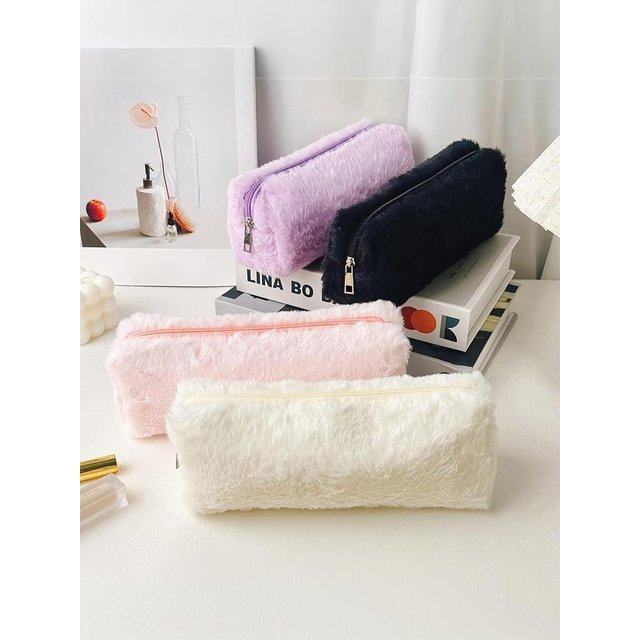 Cute Fluffy Plush Pencil Case Large Capacity Multi-function Makeup Bag for Girls Teenager School Travel Use