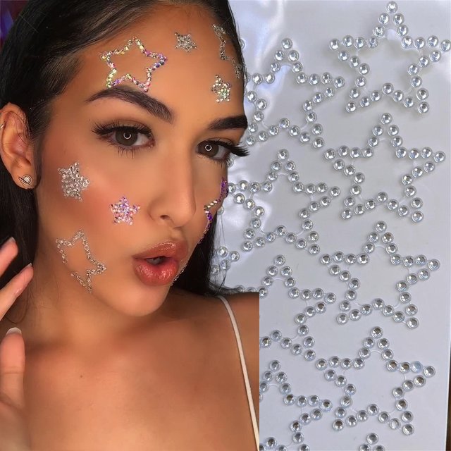 1Sheet Shimmering Hollow Five-pointed Star Face Diamond Acrylic Glitter Crystal Rhinestone Face Sticker Star Shaped Face Makeup*