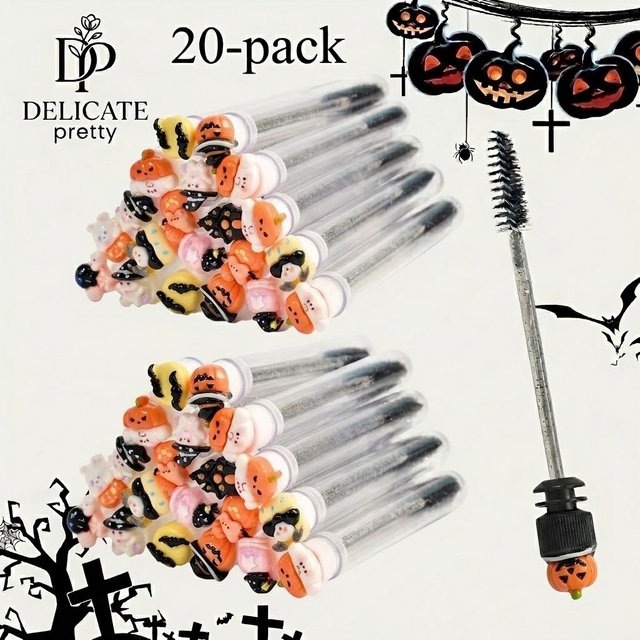 20pcs Women Reusable Eyelash Brush Halloween Tube Mascara Wand - Spooky & Cute With Tube Eyelash Wands Eyebrow Brush Replaceable