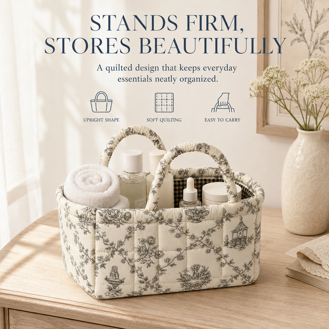 1PC Vintage French Blue Floral Quilted Storage Basket Portable Cosmetic Bag Soft Padded Desk Organizer for Bedroom