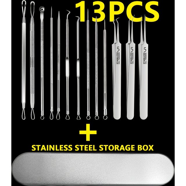 4/13pcs Stainless Steel Acne Needle Blackhead Clip Combo,Comedone Pimple Milia Removal Tool,Handle Facial Cleansing Tweezers