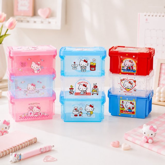 Cute Hello Kitty Stackable Storage Box Genuine Sanrio 3 Tier Clear Container for Stationery Makeup Tools and Small Items