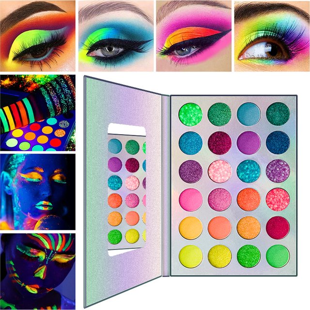 24-Color Glow-in-the-Dark Eyeshadow Palette –Bold & Vibrant Shades, 16 Neon & Fluorescent Shimmers,Long-Lasting, Festival Party