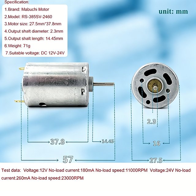 Mabuchi RS-385SV-2460 High Speed Mini DC Motor 23000RPM 12-24V Carbon Brush Micro 28mm for DIY Hair Dryer Air Blower