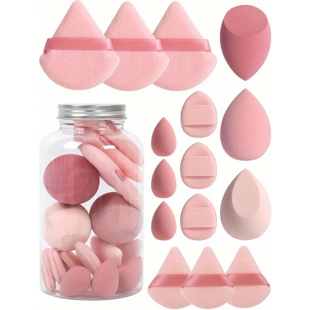 15pcs Makeup Sponge Set With Storage Jar,Powder Puff Mini Powder Puff Mini Finger Air Cushion Triangle puff