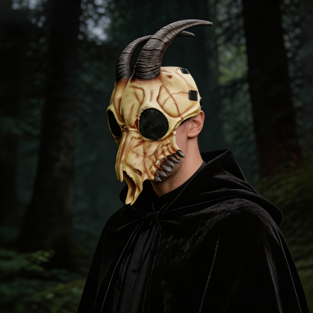 Scary Goat Skull Latex Mask with Curved Horns, Baphomet Demon Half Face Mask for Adults, Adjustable Horror Prop for Halloween Co