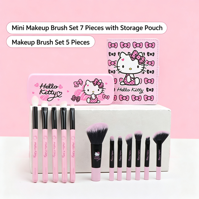 Niedliches Hello Kitty Mini-Make-up-Pinsel-Set, 7-teilig, mit Aufbewahrungstasche, 5-teilig erhältlich, weiche Fasern, tragbares Kosmetik-Set, Geschenk