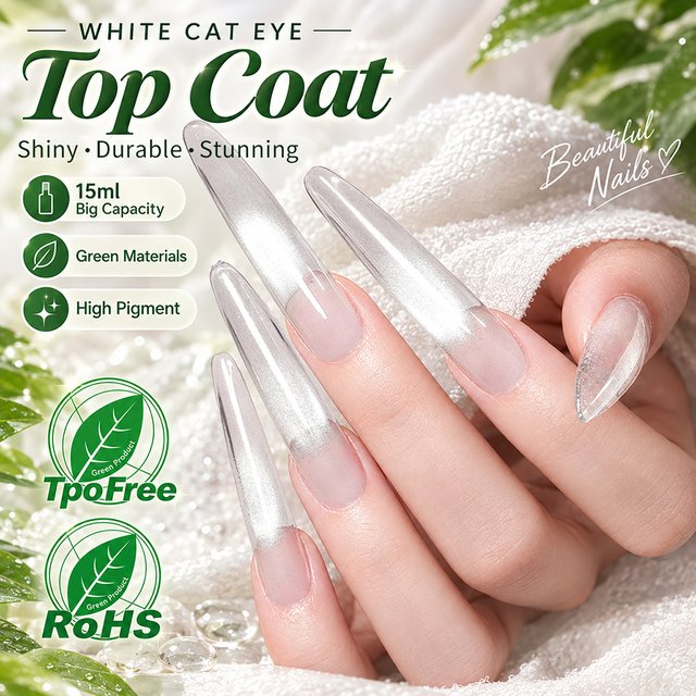 New Flow Light White Cat Eye Top Coat Gel Nail Polish Ultra Shine Soak Off UV Gel Varnish Glass Cat Magnet Topcoat Nail Supplies